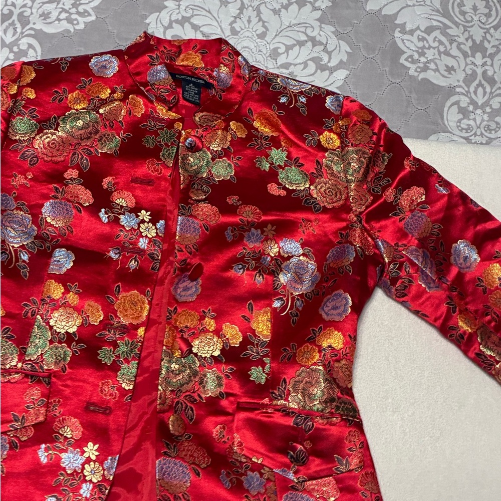 Boston Proper Red Satin Floral Embroidered Jacket